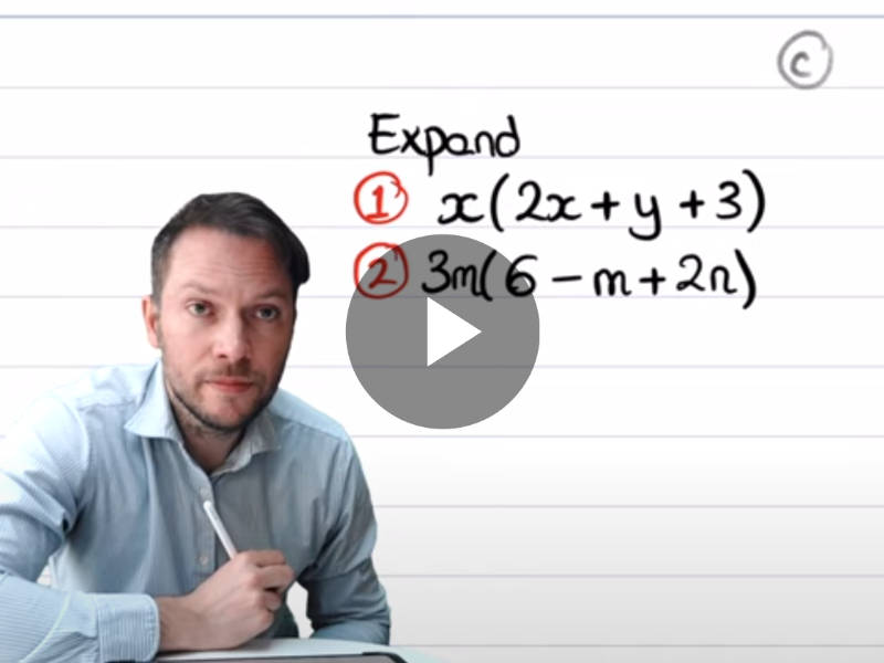 Video thumbnail showing Dr Jamie Frost teaching algebraic expansion. On a whiteboard behind him are two practice problems: '1) Expand x(2x+y+3)' and '2) 3m(6-m+2n)'. A play button overlay indicates this is a clickable video titled 'Expand a single bracket with an algebraic term at the front involving multiple variables'