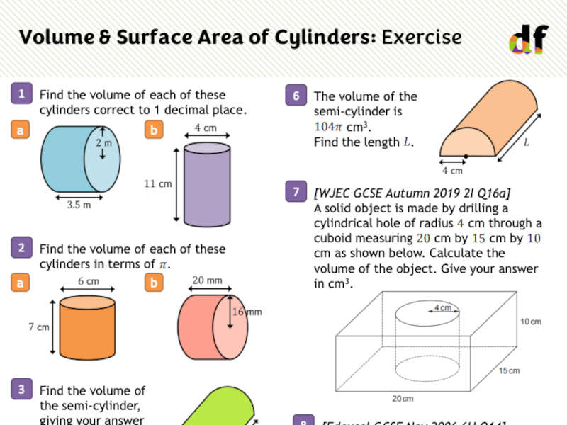Dr Frost Math worksheet with an exercise for Volume and Surface Area of Cylinders